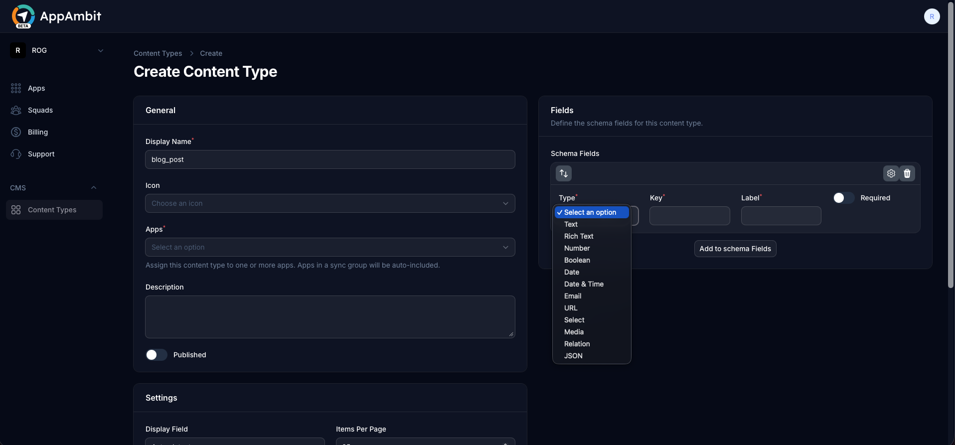 CMS Fields Dropdown