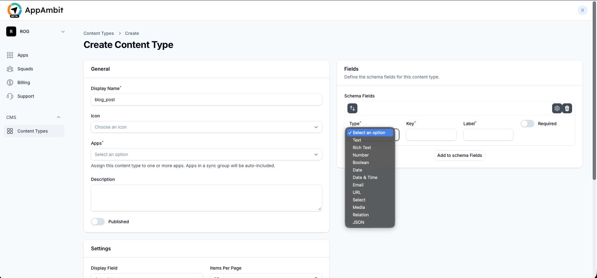 CMS Fields Dropdown