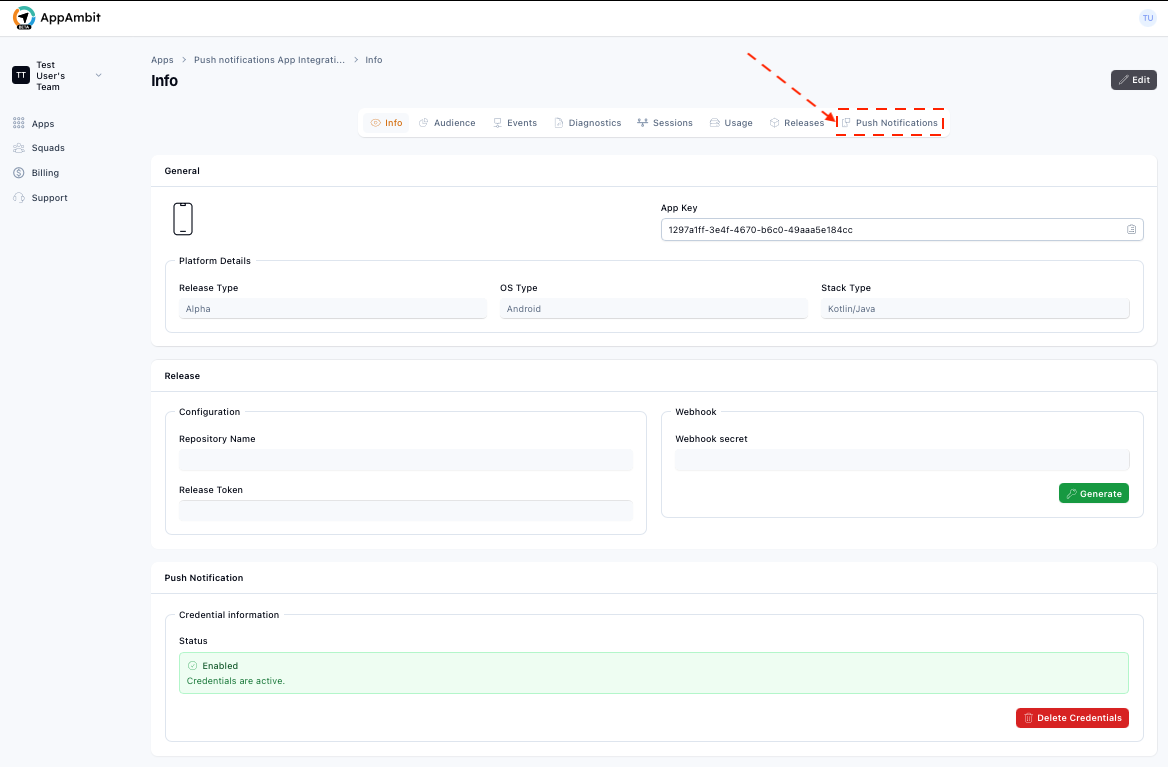 Push Notifications view