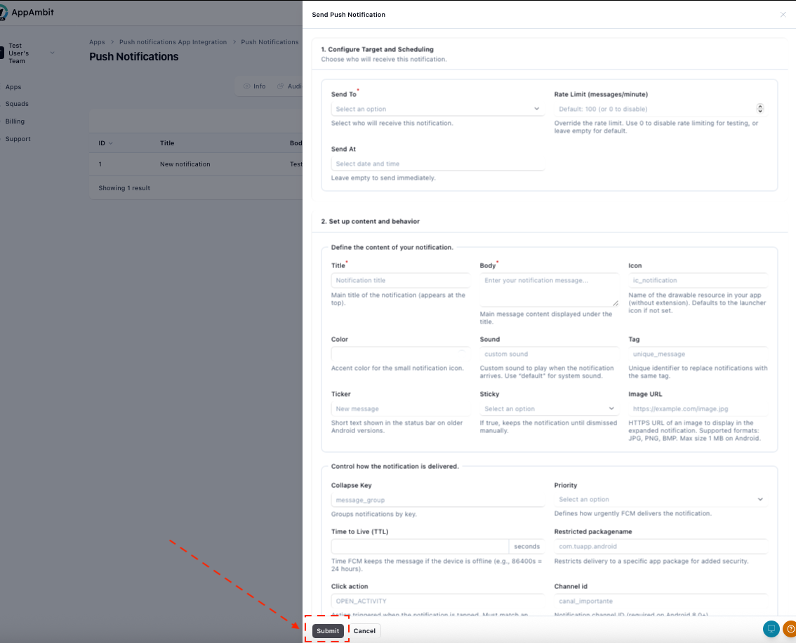 Send notification button