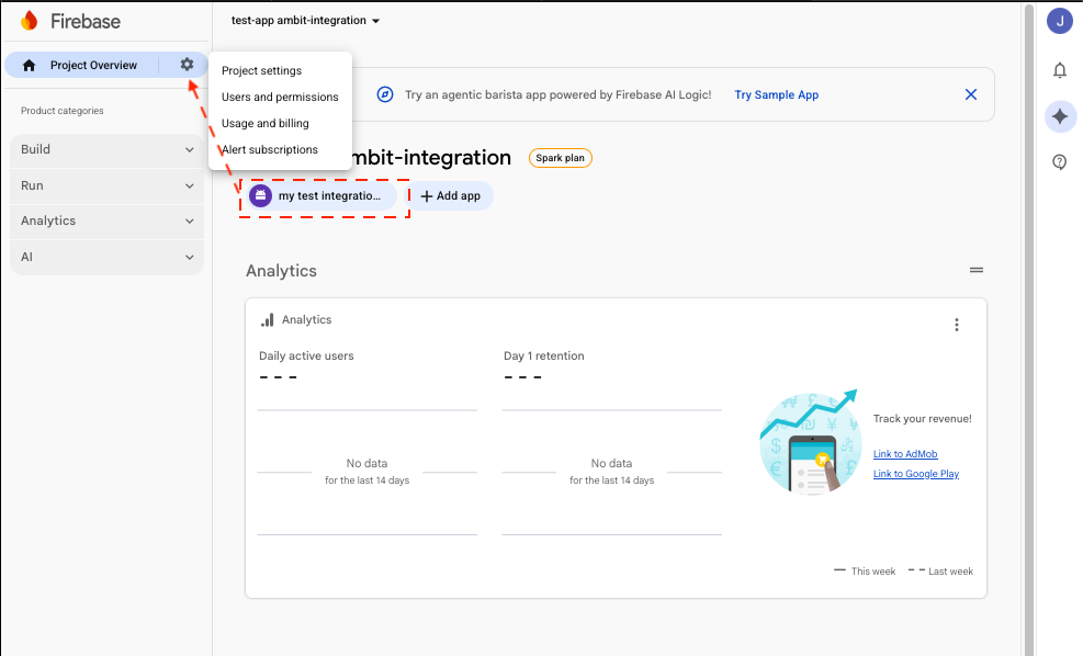 Firebase project settings