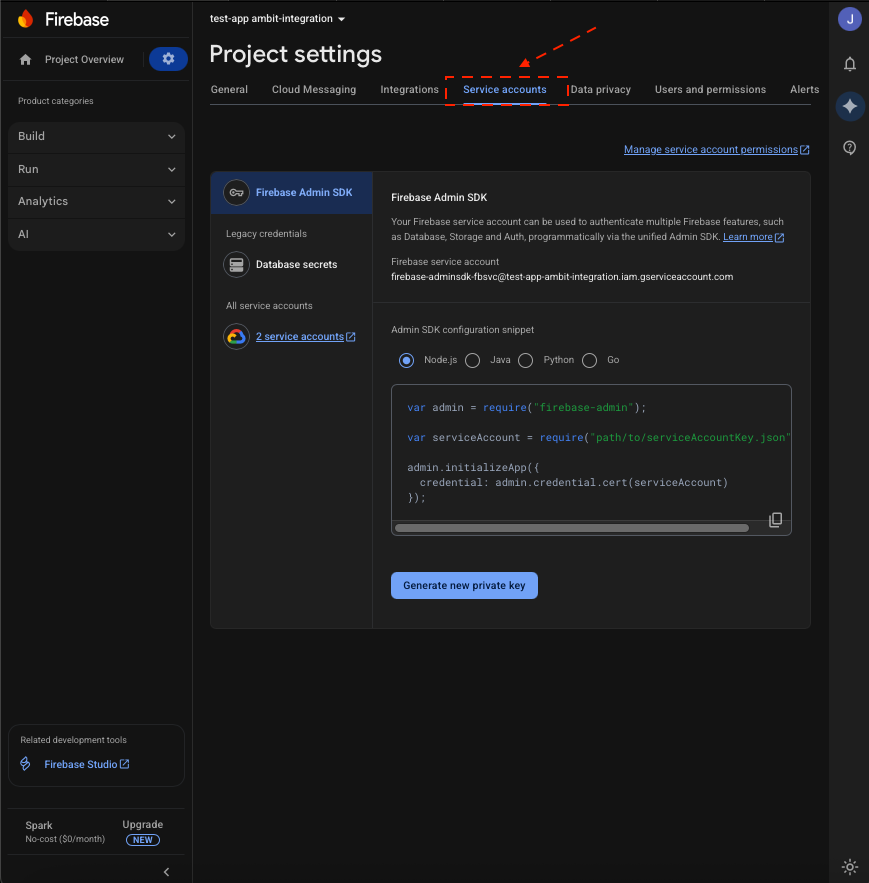 Service Accounts tab