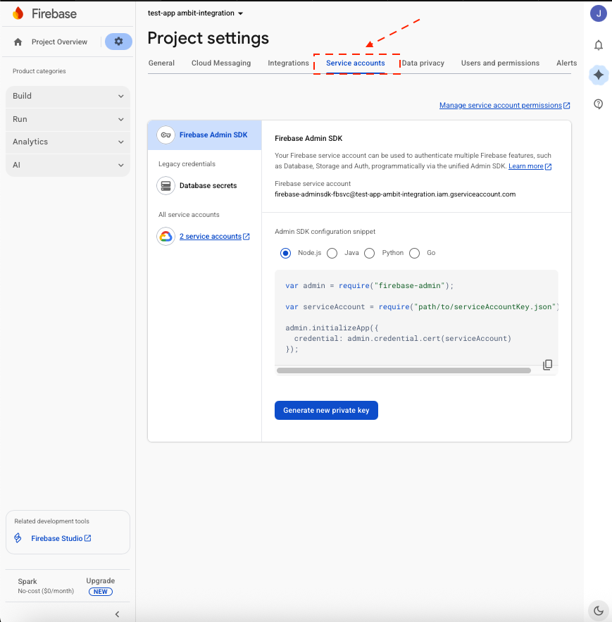 Service Accounts tab