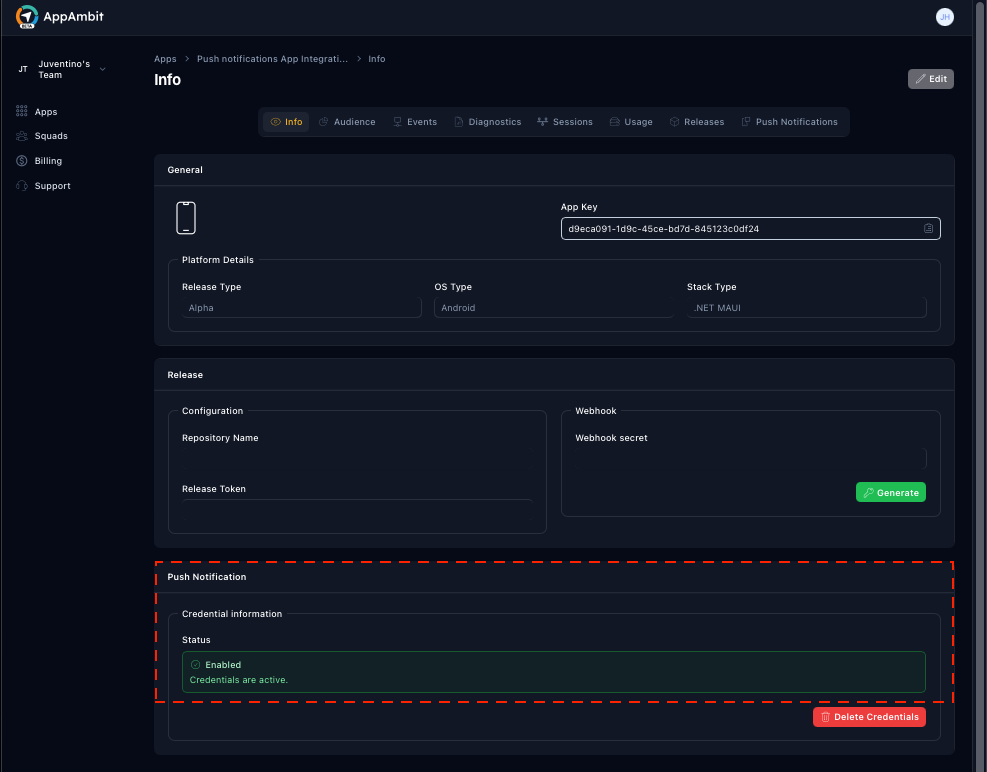 Loaded push credentials
