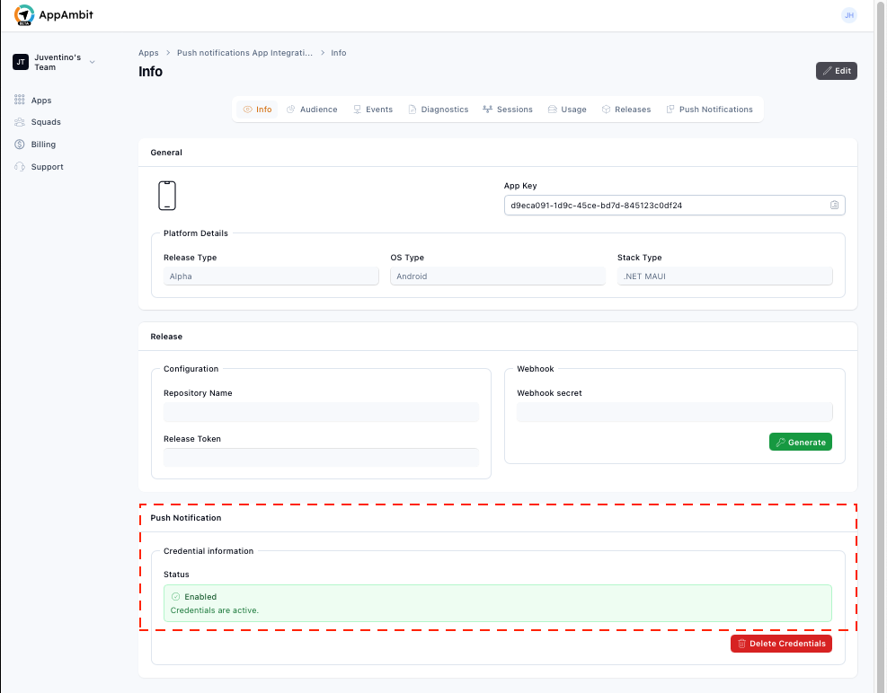 Loaded push credentials