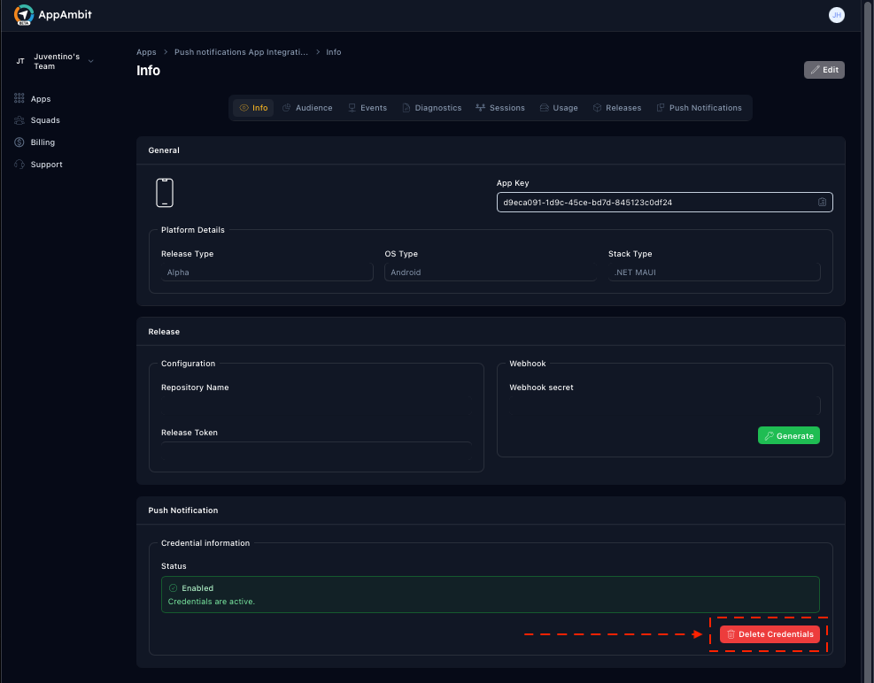 Remove push credentials