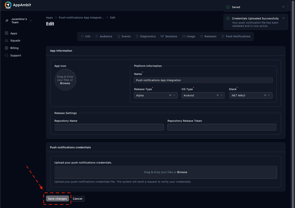 Push notifications credentials upload