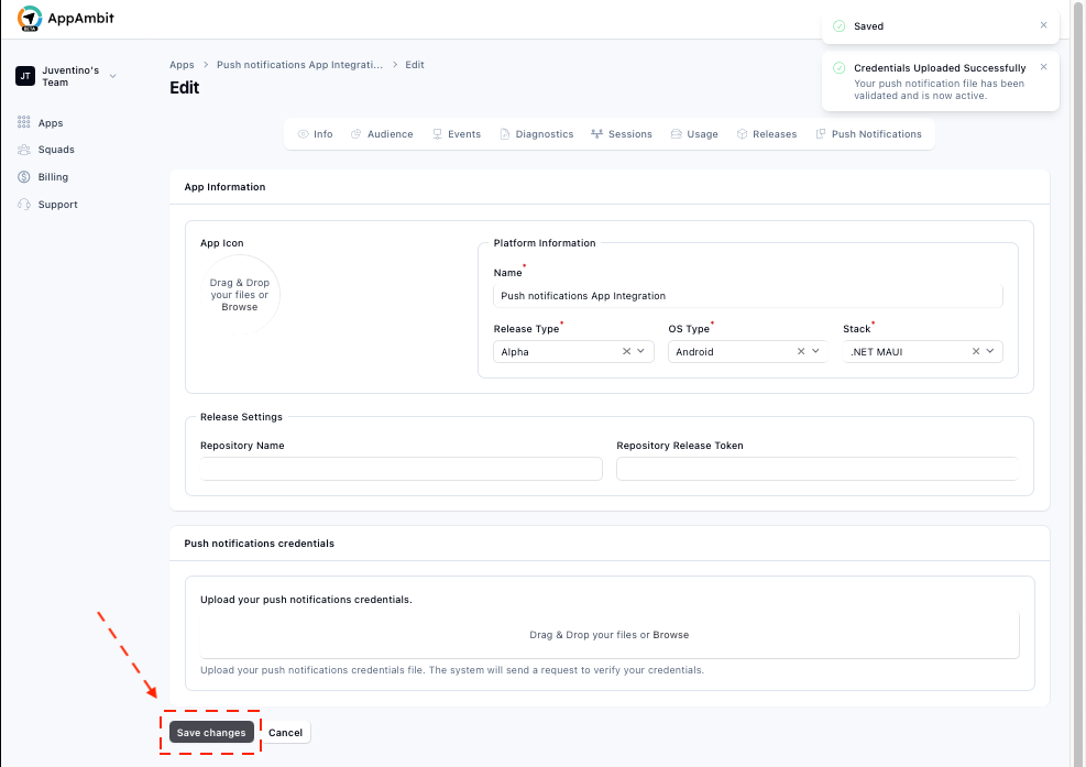 Push notifications credentials upload