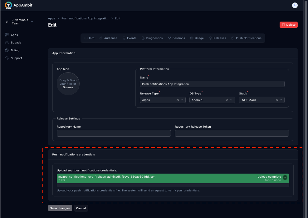 Push notifications credentials upload
