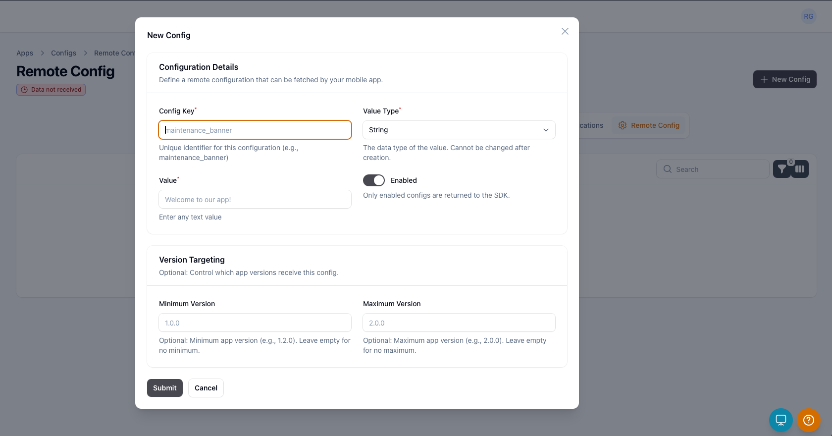 New Remote Config pop-up